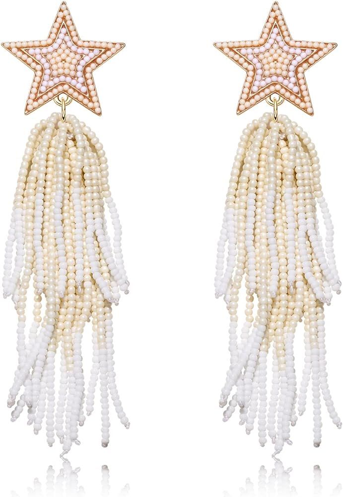 BSJELL Star Earrings Dangling for Women Beaded Star Tassel Drop Earrings Handmade Statement Bohem... | Amazon (US)