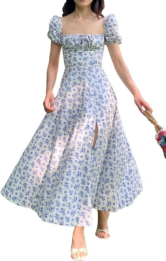 Women's Puff Sleeve Floral Maxi Dress Square Neck Cottagecore Dress Boho Backless Beach Party Lon... | Amazon (US)