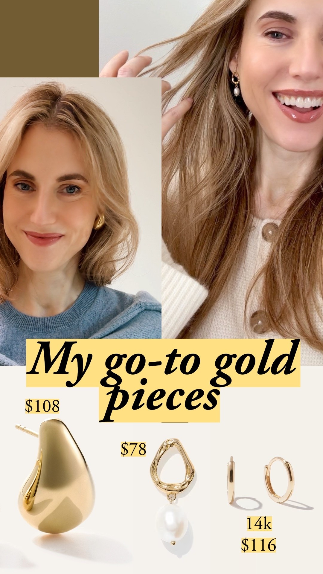 Vermeil earrings for a warmer color statement, 14k solid gold huggies when you want zero maintenance. All from Quince 🤍 I'm wearing the cashmere tee in Faded Denim size M (sized up from my usual S), and the Boxy Crewneck Sweater also in Faded Denim, size S (my usual size), plus Teardrop Earrings in statement size, gold vermeil. My dainty pieces are the 14K Gold Tiny Huggie and 14K Gold Bead Station Bracelet. I’m also showing the Freshwater Cultured Pearl Sculptural Drop Earrings, which I’ve been wearing every week since last fall 🤍 #QuincePartner @Quince 🤍 gold vermeil, 14k gold, gold jewelry, jewelry that won't turn green, gold earrings, gold huggies, teardrop earrings, gold bracelet, quince jewelry, affordable fine jewelry, everyday gold jewelry, dainty gold jewelry, solid gold jewelry, vermeil vs 14k gold, jewelry layering, gold jewelry tips, best gold earrings, fine jewelry under 200, cashmere tee, luxe t shirt

#LTKootd #LTKOver40 #LTKWorkwear