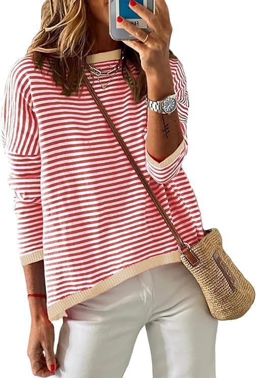 Beautife Womens Long Sleeve Striped Fall Sweaters Plus Size Color Block Crewneck Loose Knit Pullo... | Amazon (US)