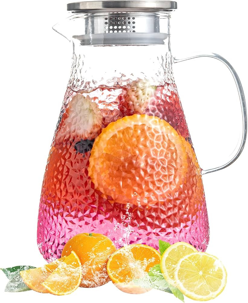 1.8 Liter 60 oz Glass Pitcher with Lid and Spout, Glass Carafe for Hot/Cold Water, Large Iced Tea... | Amazon (US)