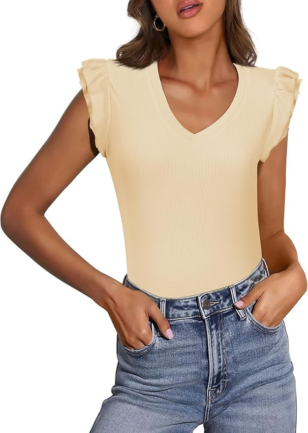 POPZONE Women's V-Neck Ruffle Sleeve Slim Casual Shirts | Amazon (US)