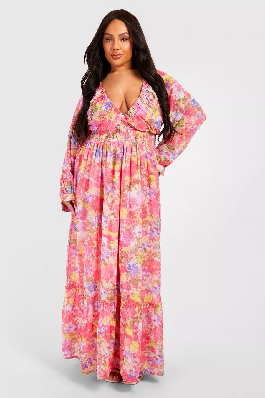 Plus Woven Floral Print Shirred Waist Detail Maxi Dress | Boohoo.com (UK & IE)