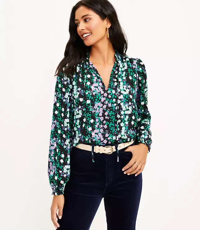 Floral Ruffle Tie Neck Mixed Media Blouse | LOFT
