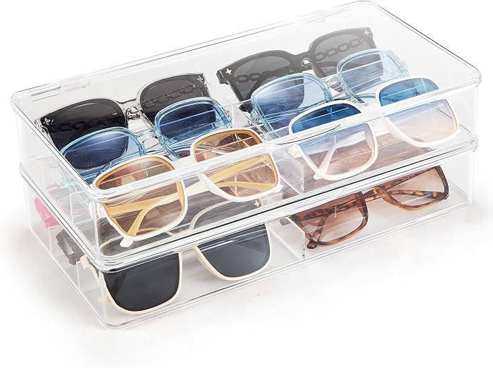 Yiktop Acrylic Eyeglass Organizer, Stackable Sunglasses Case Storage Organizer with Lid - 2 Pack | Amazon (US)