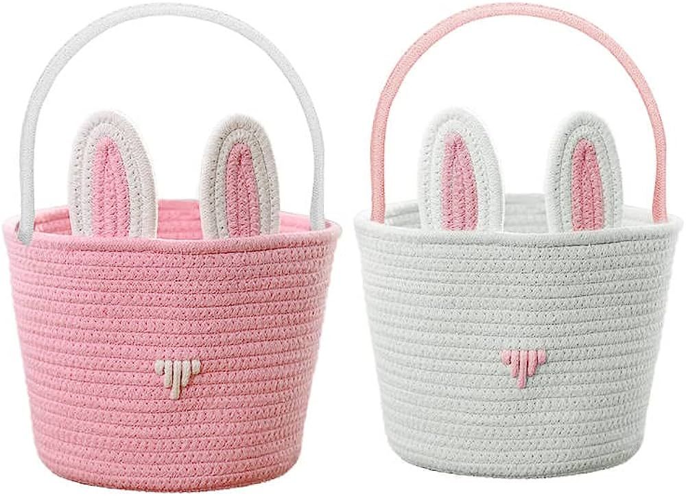 2Pcs Rabbit Easter Baskets for Kids,Hand Woven Cotton Rope Bunny Basket with Handle for Easter St... | Amazon (US)