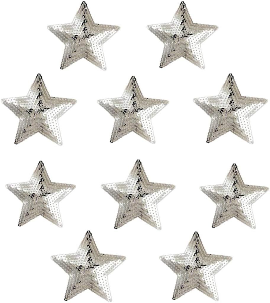 Pack of 10 Shiny 5 Star Sequins Sew Iron on Applique Embroidered Patches-Silver | Amazon (US)