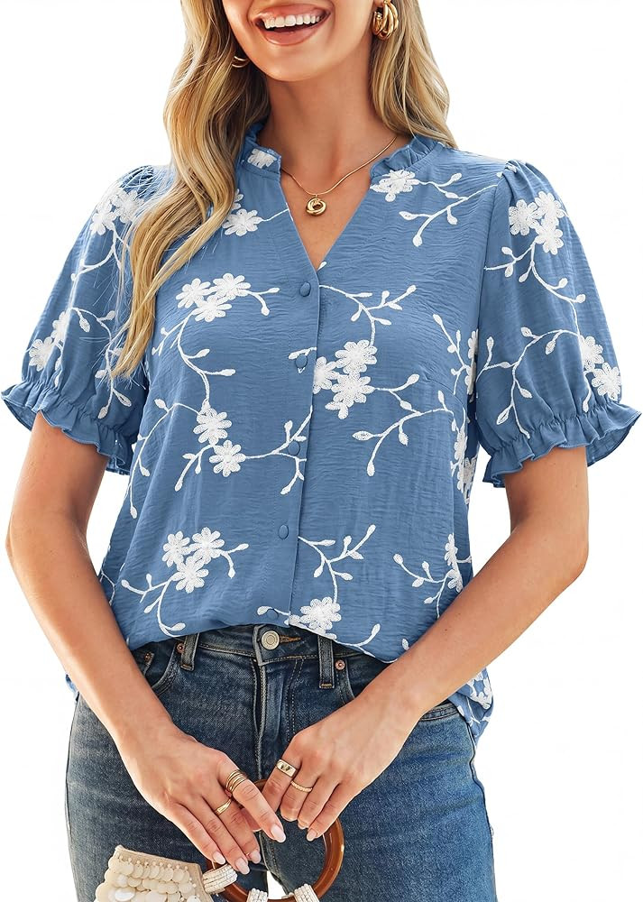 Simplee Womens Button Down Puff Ruffle Short Sleeve Blouse Tops V Neck Summer Embroidered Dressy Casual Shirts | Amazon (US)