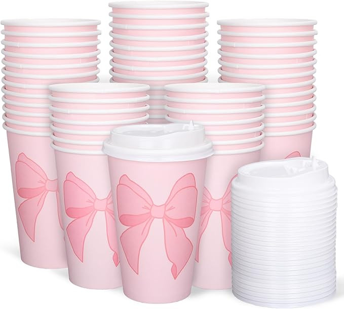 Whaline 50Pcs Pink Bow Coquette Coffee Paper Cups Valentine's Day Bowknot 16 Oz Disposable Cups W... | Amazon (US)