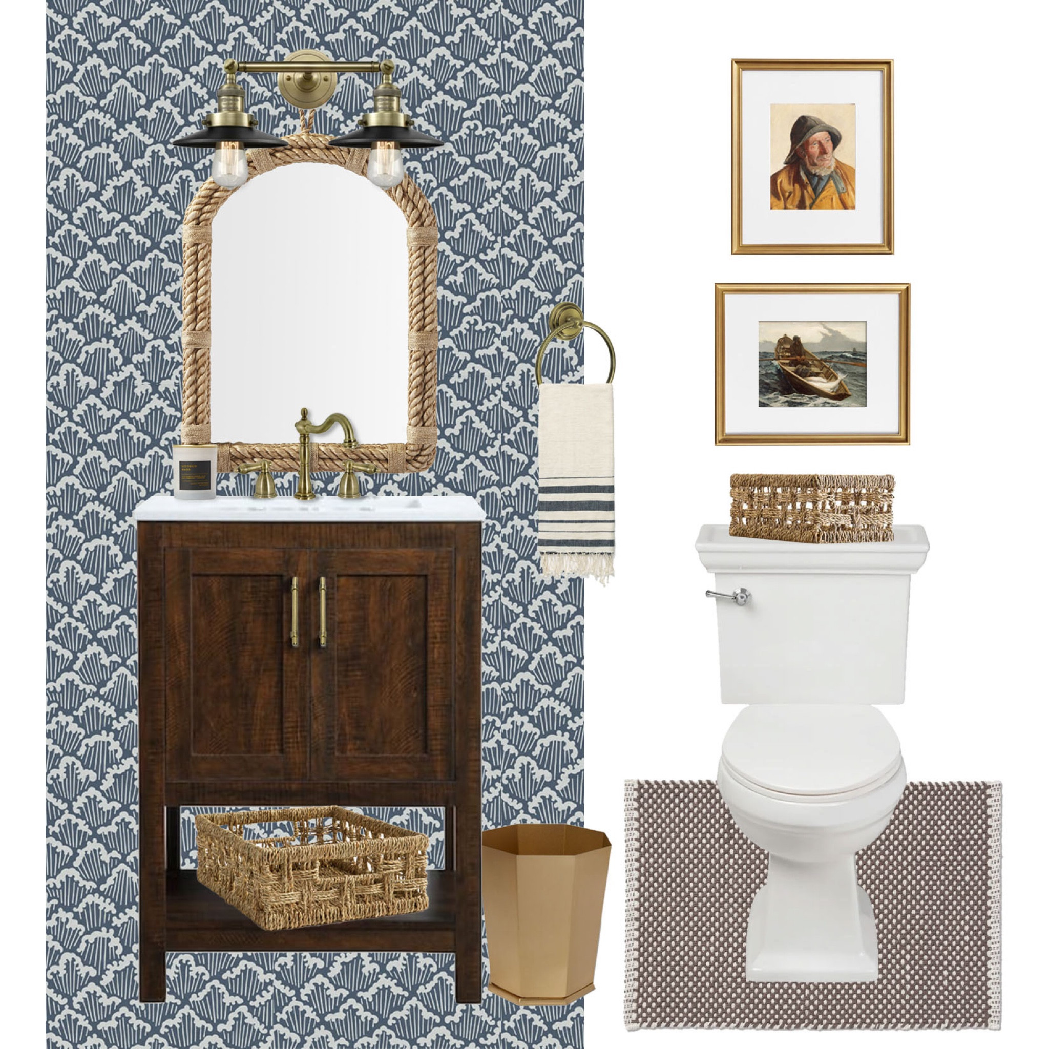 Loving this vintage-coastal bathroom design for a client’s half bath in Maine — a collected and curated look inspired by old school fisherman ⚓️
#halfbath #powderroom #bathroomdesign #bathroomdecor #wallpaper #coastaldesign #vintagedesign #vintageinspired #bathvanity #bathlighting #wallart 

#LTKhome
