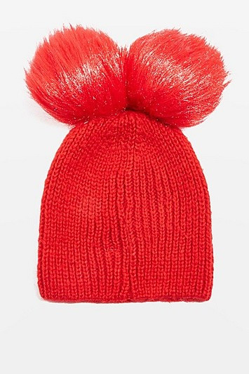 Double Pom Pom Beanie Hat - Red | Topshop US