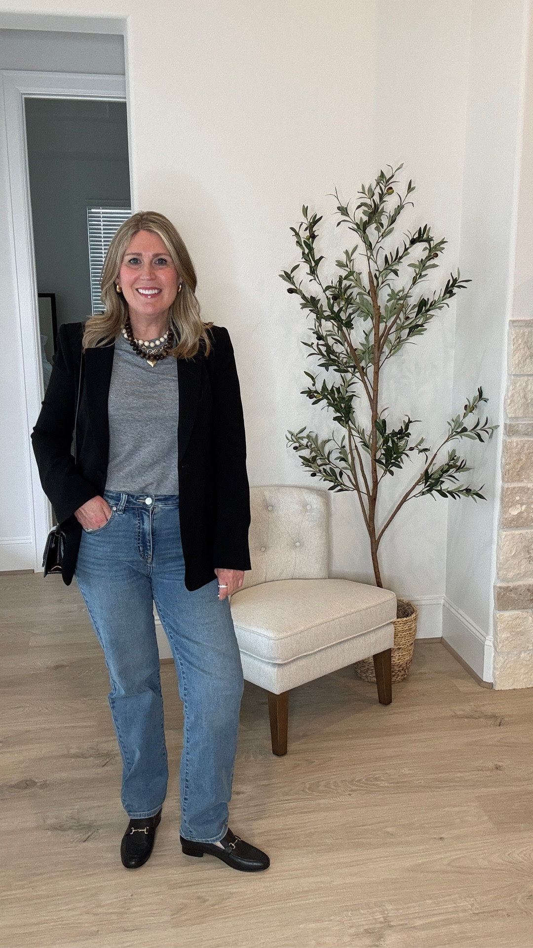 Wearing what we love:
Grey tee. Runs tts. 
Blazer runs tts. 
Denim are stretchy and run tts. So good. 

#LTKOver40 #LTKSeasonal #LTKWorkwear