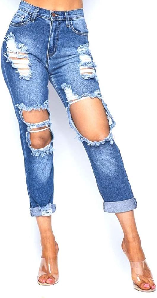 SOHO GLAM Women Jeans Classic Distressed Casual High Waist Mom Denim Pant(S-3XL) | Amazon (US)