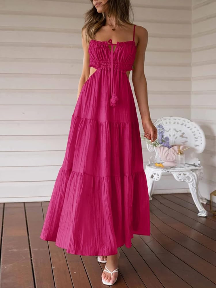 Fisoew Women's Spaghetti Strap Maxi Dress Summer Sleeveless Side Cut Out Dress Casual Boho Backle... | Amazon (US)