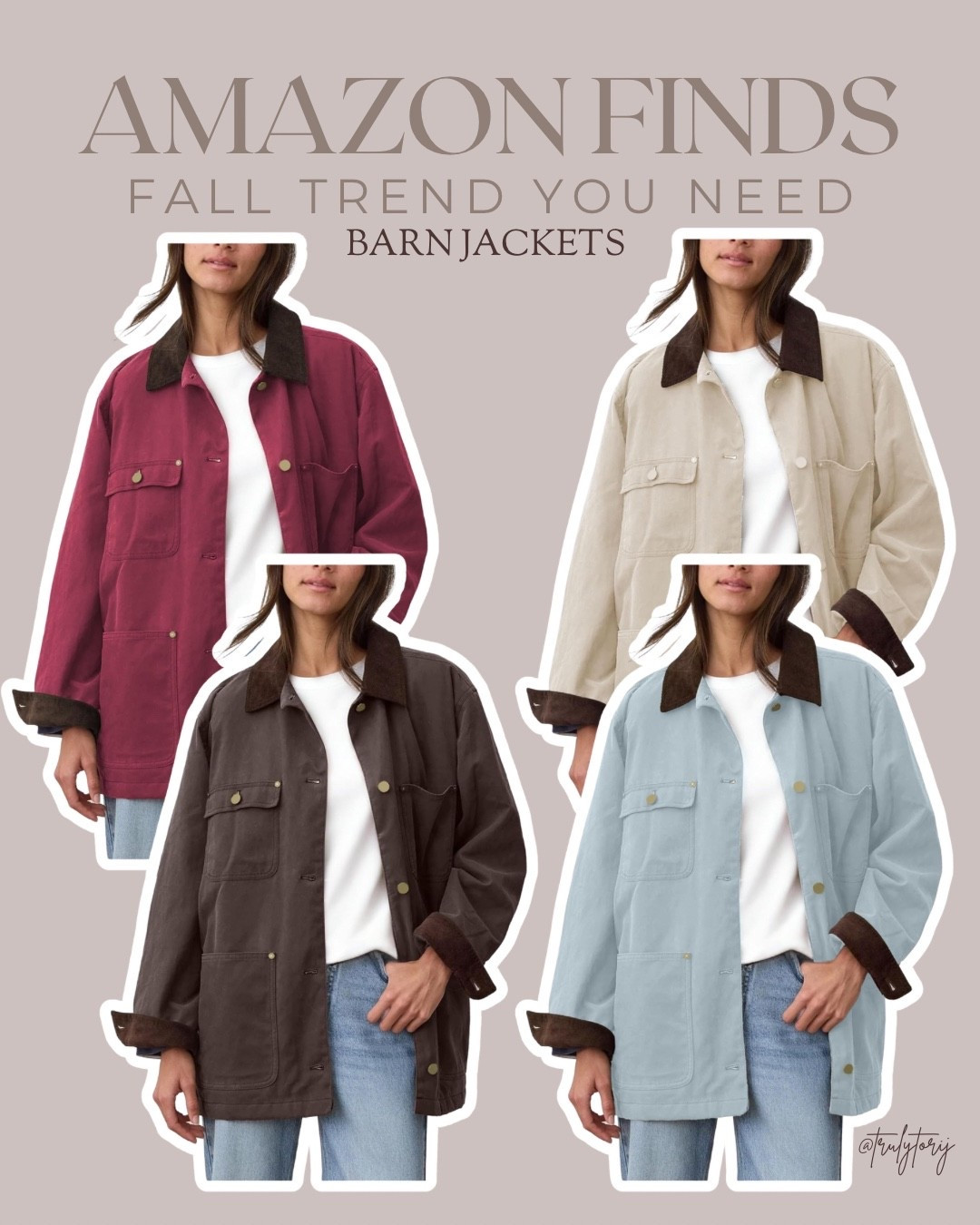 THE barn jacket trend is not going anywhere and Amazon has SO many good ones. 🤎🍂 Say JACKET to shop! 🛒

From classic neutrals to the prettiest pops of color, I found the cutest options for recreating that effortless fall look.
Throw one over jeans + a tee, a sweater, or even your favorite fall dress and you’re DONE. 👏🏼
Which color are you grabbing?! 👀

#amazonfinds #amazonfashion #amazonstyle #amazonfallfinds #barnjacket #barnjacketstyle #fallfashion #fallstyle #falloutfits #affordablefashion #amazonfashionfinds

Amazon barn jacket, barn jackets for women, Amazon fall jackets, fall jackets for women, trendy fall jackets, Amazon fashion finds, affordable fall fashion, fall outfit ideas, fall wardrobe essentials, Amazon fall outfits

#LTKootd