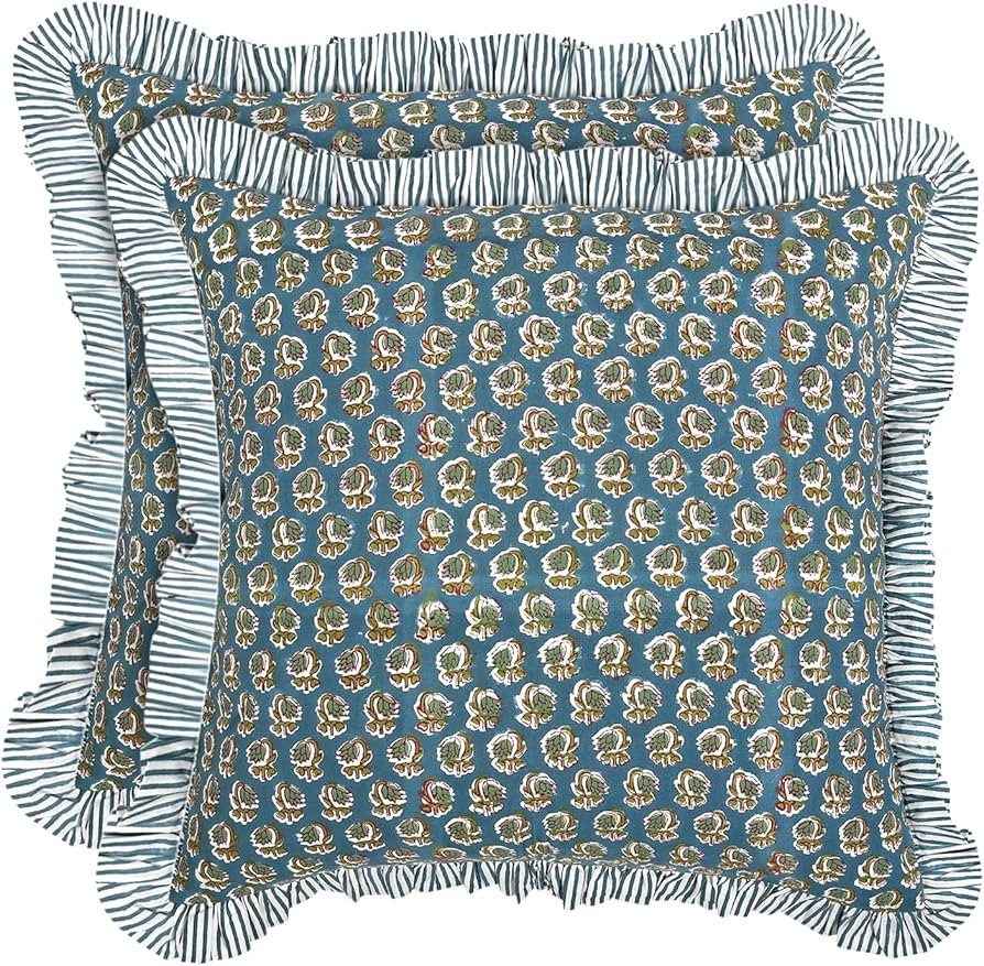 Ridhi Block Print Peacock Blue Throw Pillow Cover 18" x 18" (Pack of 2) Decorative Cushion Covers... | Amazon (US)