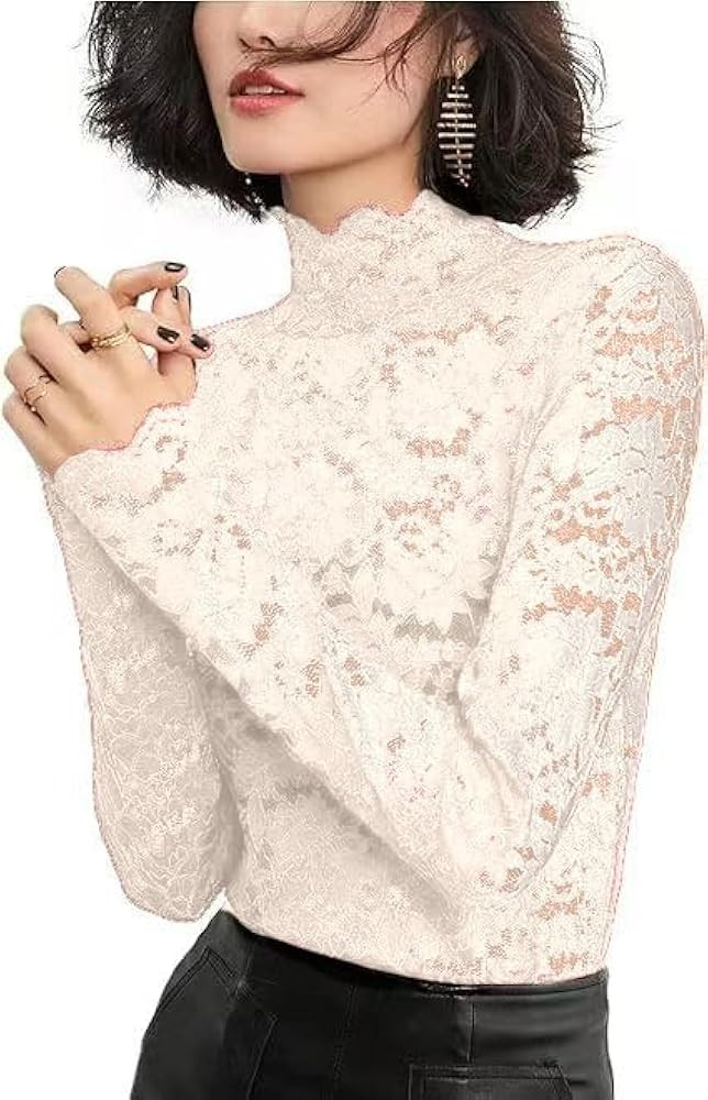 Women's Floral Lace Top Long Sleeve Mock See Through Mesh Underwear Blouse Shirt S-L | Amazon (US)