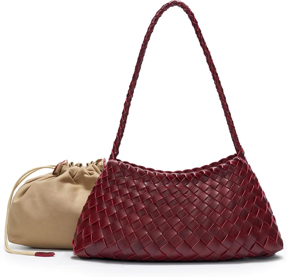 Woven Bag for Women, Vegan Leather Shoulder Purse with Inner Drawstring Pouch, Trendy Braided Str... | Amazon (US)