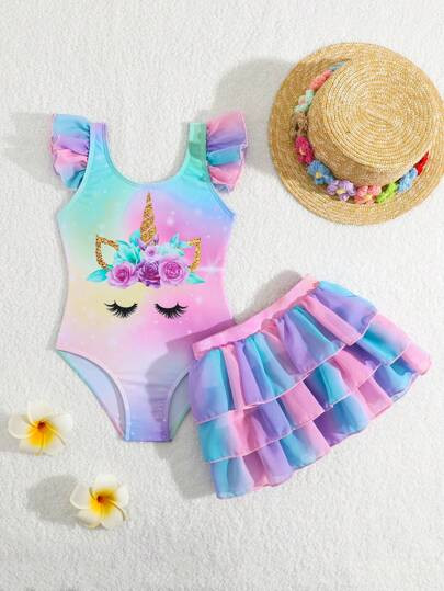 Young Girls Cute Unicorn Cartoon Print 2pcs Young Girls Swimsuit Set, Mesh Contrast Ruffle Hem Ti... | SHEIN