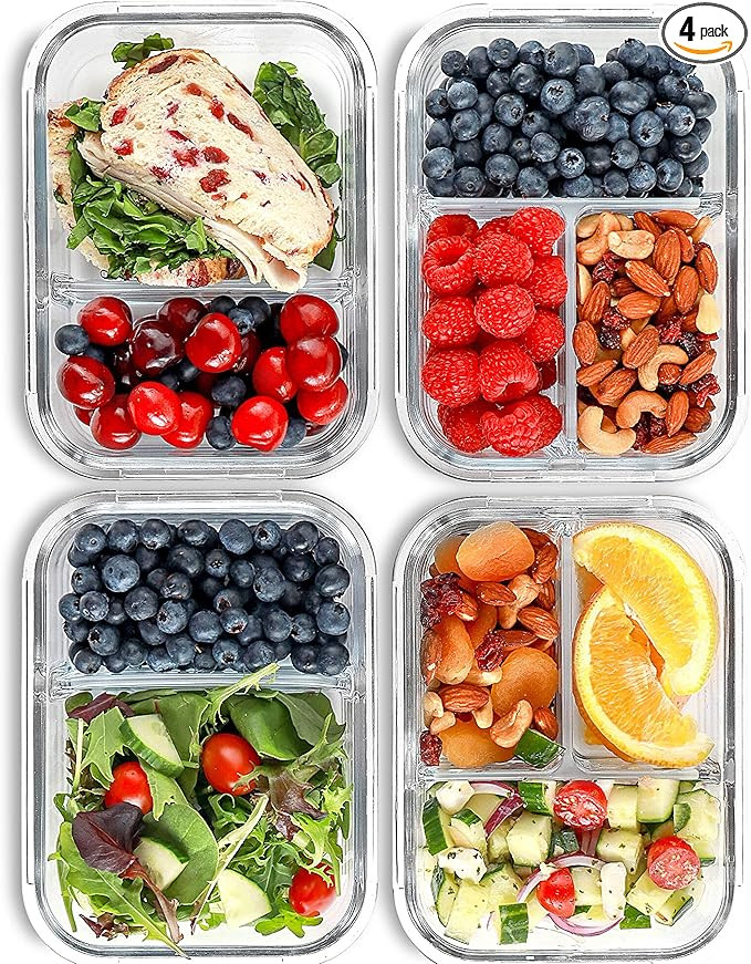 FIT Strong & Healthy 2 & 3 Compartment Glass Meal Prep Containers (4 Pack, 32 oz) - Glass Food St... | Amazon (US)