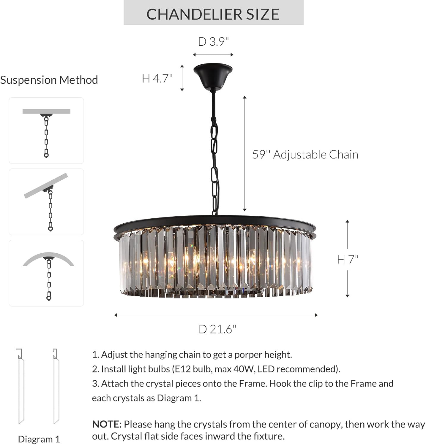 NOXARTE Modern Round Crystal Chandelier Black Smoke Gray 6 Lights Pendant Fixture for Living Dini... | Amazon (US)