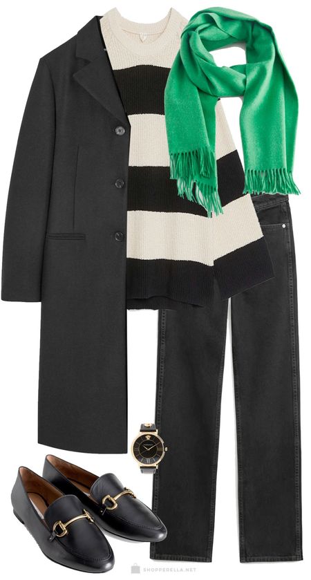 Black oversized coat with striped sweater + green scarf + loafers #ootd #style #ootd 

#LTKstyletip #LTKfit #LTKSeasonal