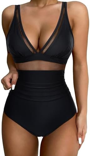 SUUKSESS Women Sexy Mesh Tummy Control Swimsuit Push Up High Waisted Bathing Suit | Amazon (US)