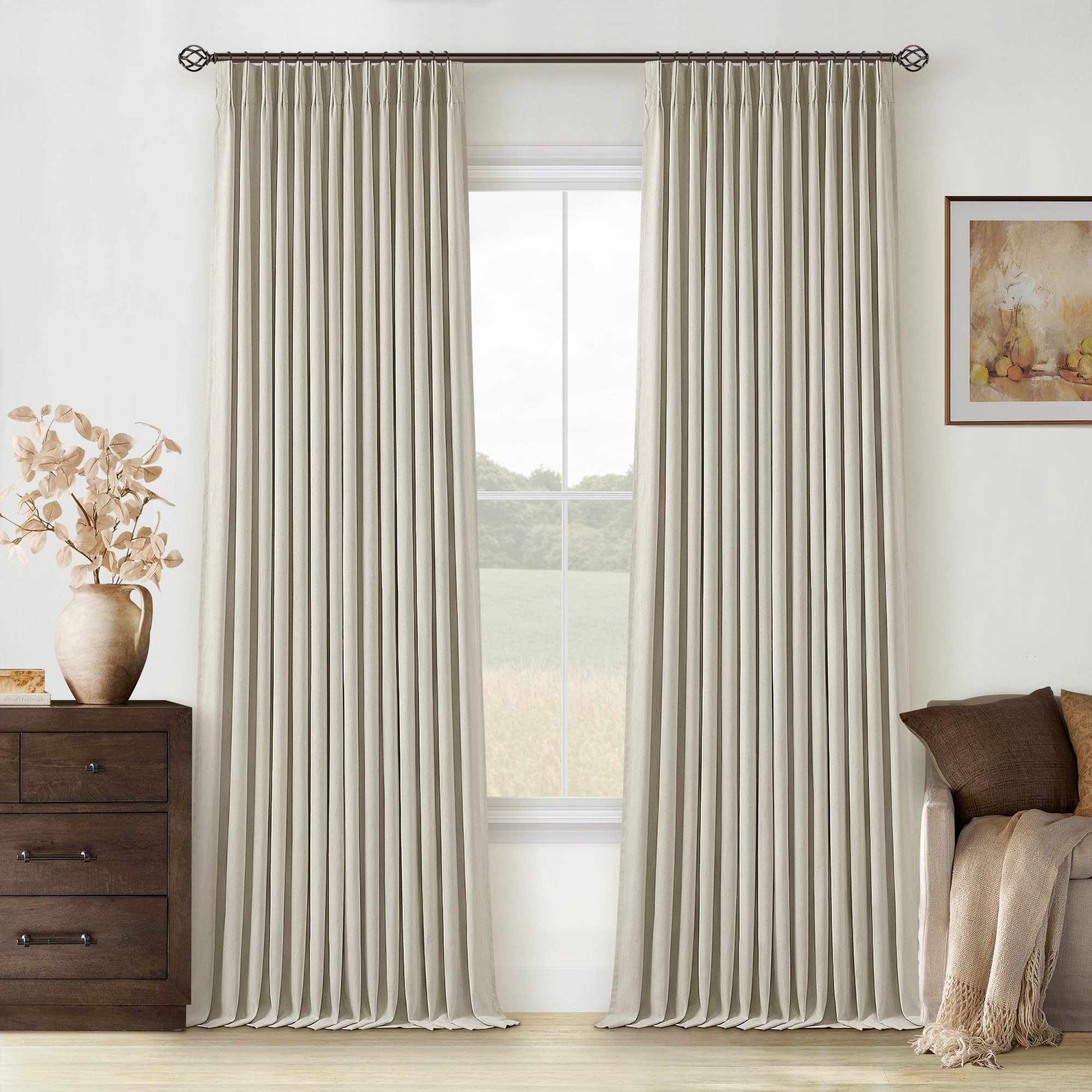 Light Beige Pinch Pleated 100% Blackout Linen Bedroom Curtains 96 Inch Length Double Layer Pleat ... | Amazon (US)