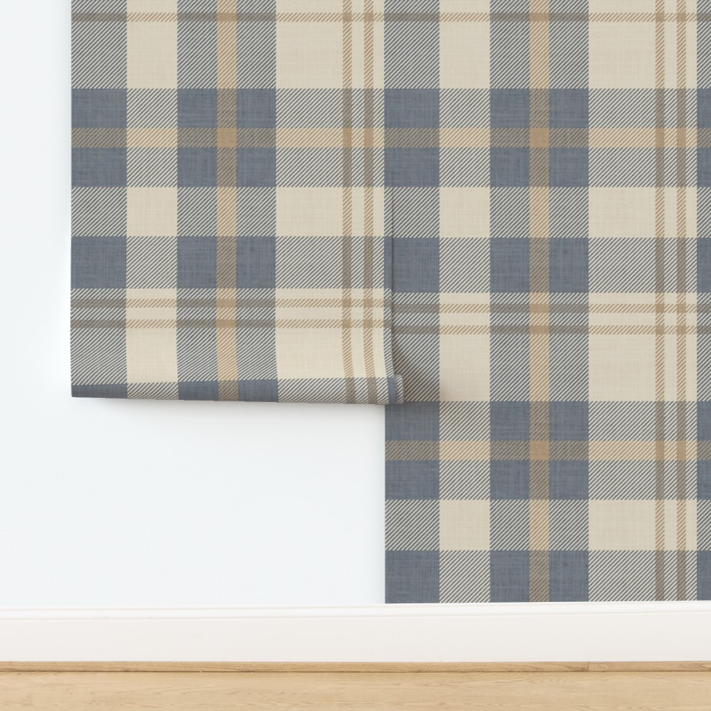 L- Modern Farmhouse Plaid in Cream and Slate Blue Wallpaper | Spoonflower | Spoonflower