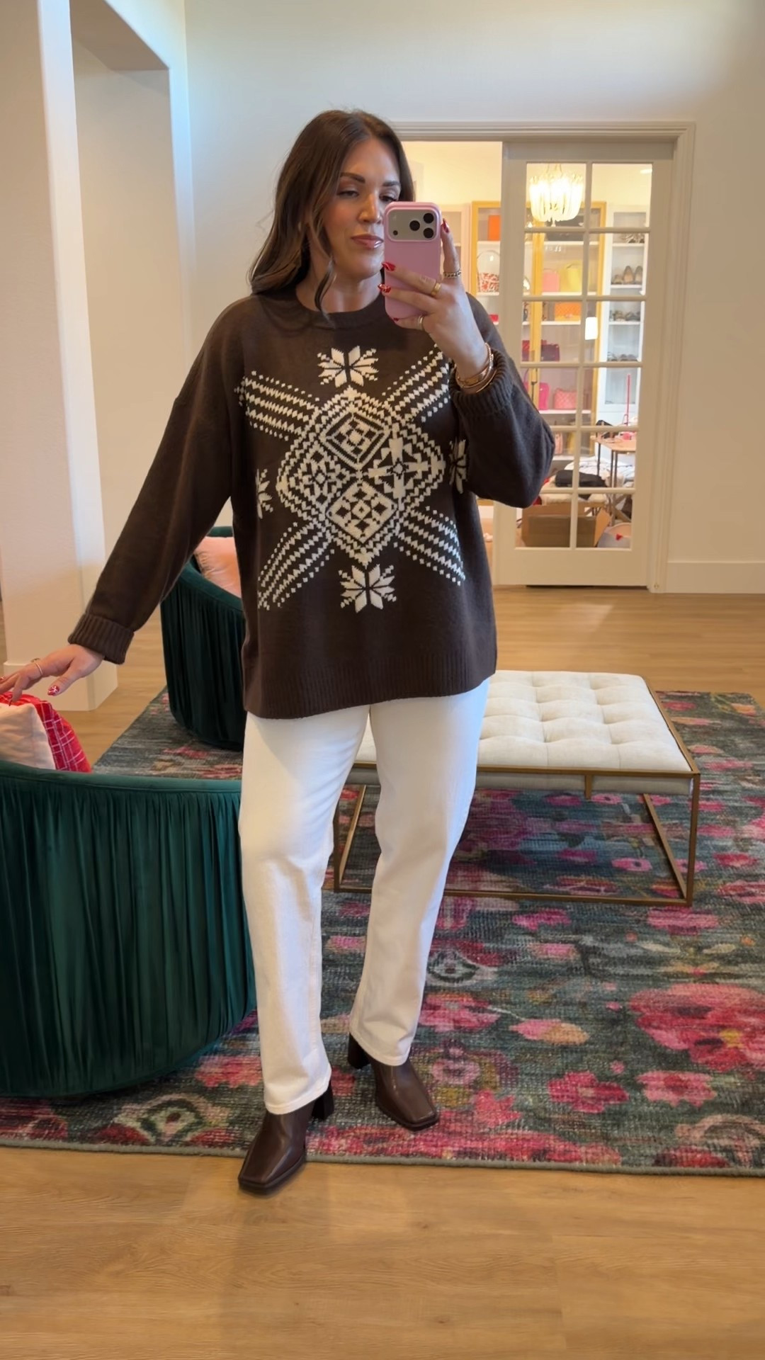 curvy midsize chocolate brown and white winter look! wearing size large in brown fairisle sweater, size large in brown wool coat, and size 30 white denim 

#LTKMidsize #LTKSeasonal #LTKFindsUnder100