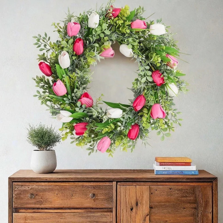 Spring Tulip Front Door Wreath | Colorful Flowers, Leaves & Ferns | Outdoor/Indoor Porch & Firepl... | Walmart (US)