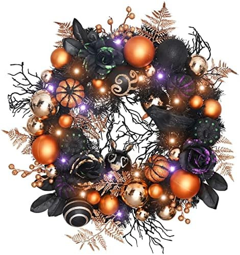 Valery Madelyn 24 Inch Pre-Lit Happy Halloween Wreath with Crow Artificial Rose Ball Ornaments, L... | Amazon (US)