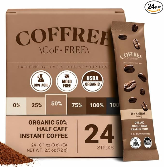 COFFREE Organic Instant Coffee Packets - 50% Half Caff Convenient Coffee Sticks, Mold Free, Low A... | Amazon (US)