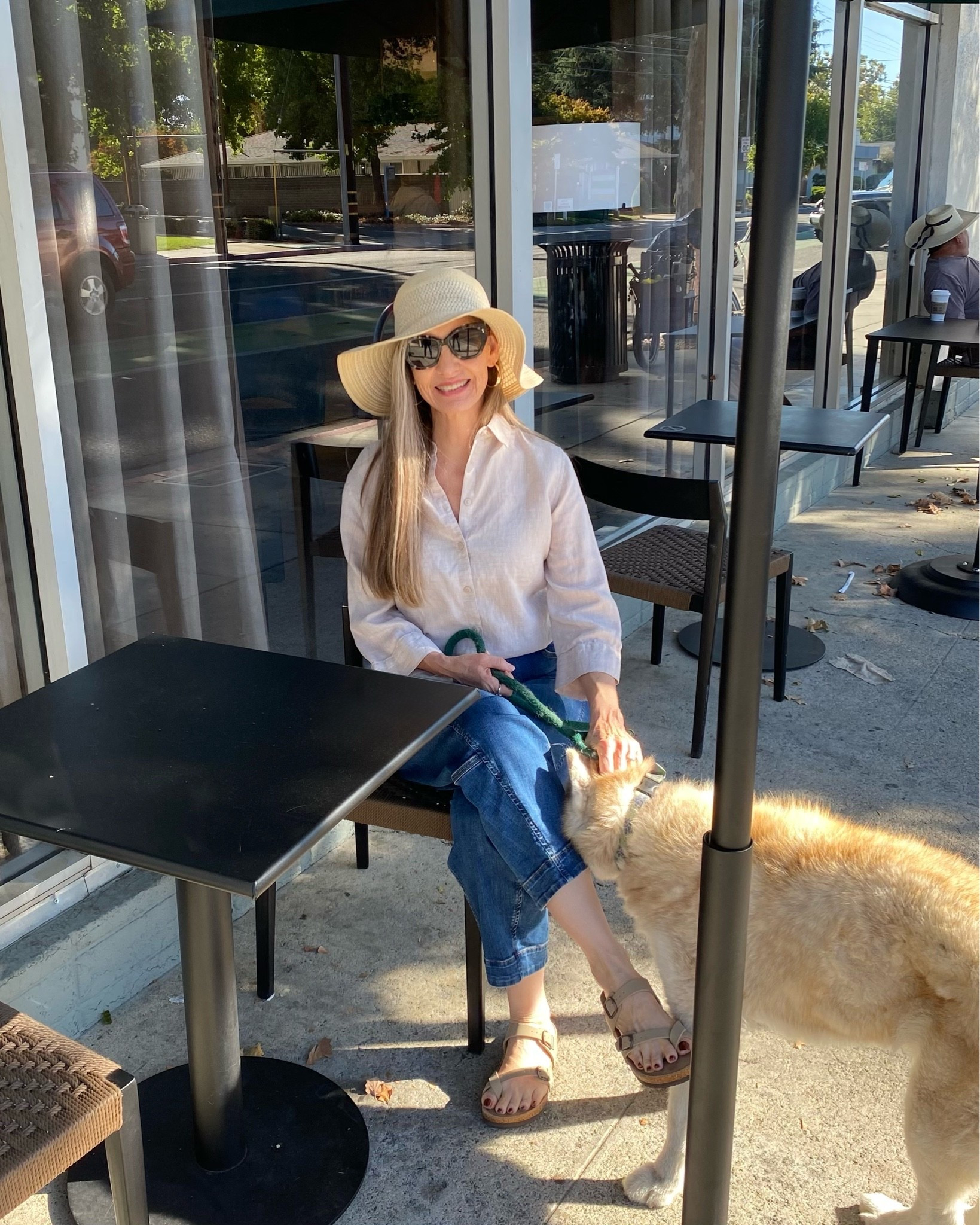 When it’s 95 in October. #dogwalk #casualootd #linenshirt #cutedog