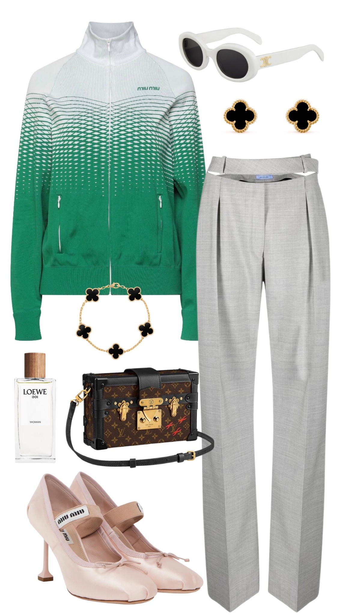 miu miu zipped jacket 
mugler cropped pants 
miu miu ballet pumps 
louis vuitton petit malle
celine sunglasses 
van cleef and arpels onyx bracelet and earrings 
loewe woman 001 perfume 