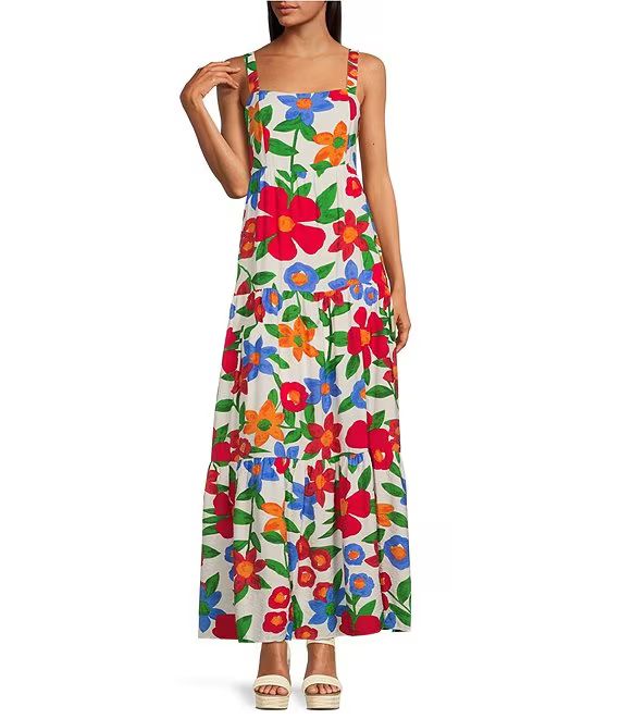 Floral Print Square Neck Sleeveless Smocked Back Tiered Waistless Maxi Dress | Dillard's