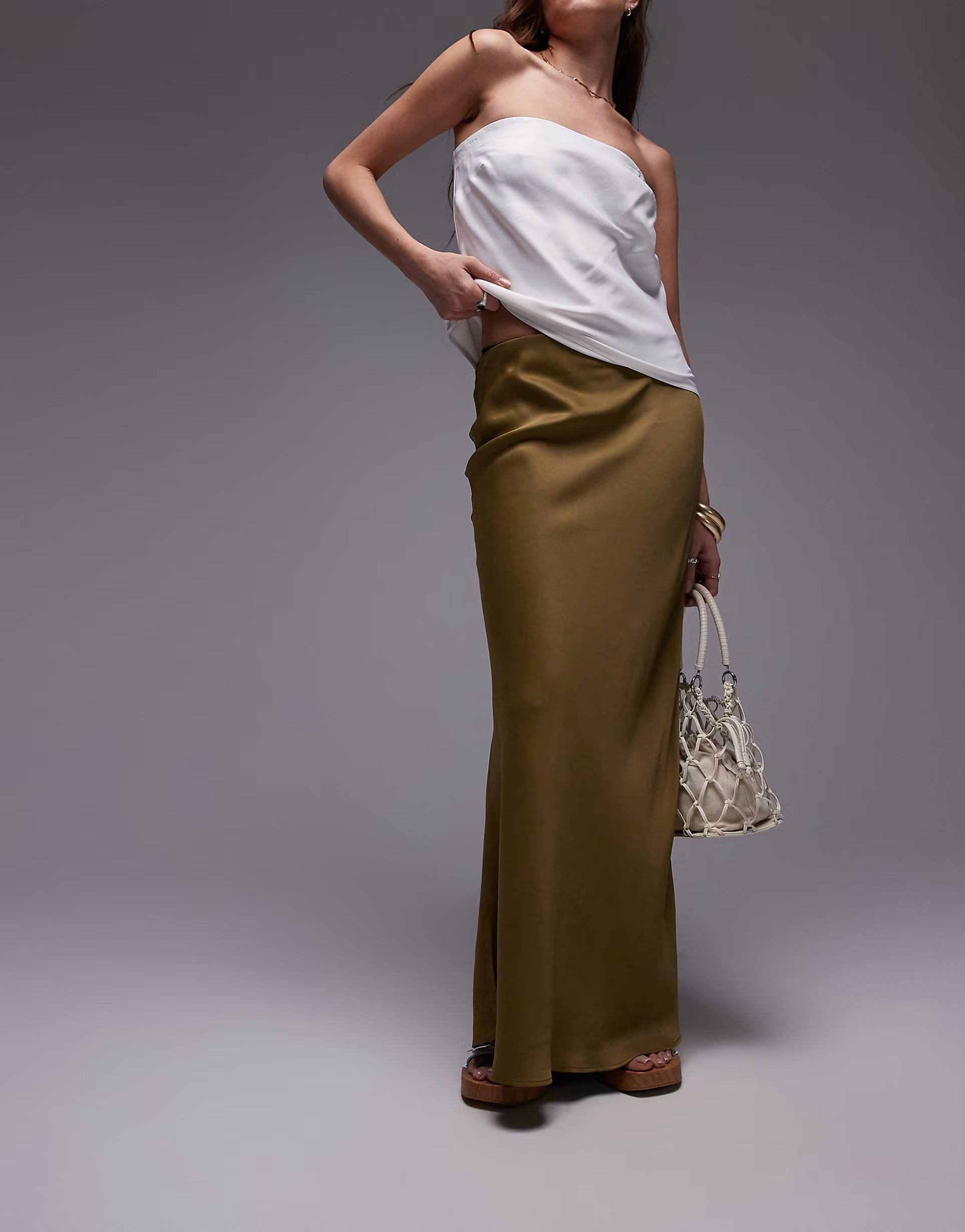 Topshop satin bias maxi skirt in khaki | ASOS | ASOS (Global)