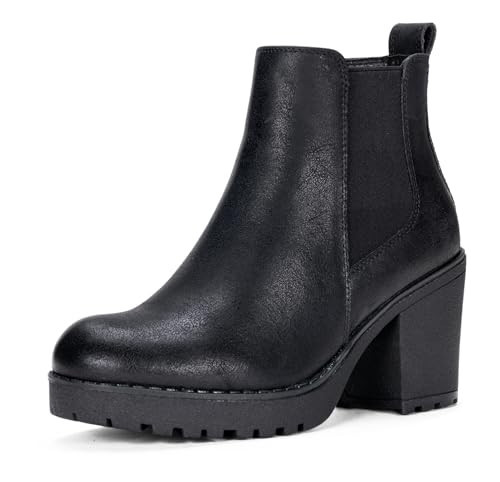 Vepose Women's Black Leather Chunky Heel Ankle Boots, Size 9.5, 999L | Amazon (US)