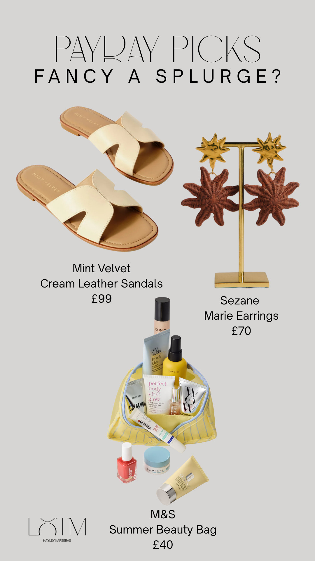 What's on my Pay Day wish list? 
The M&S beauty bag, Sezane Earrings and Mint Velvet leather sandals!  

 #LTKuk #LTKsummer #LTKshoes