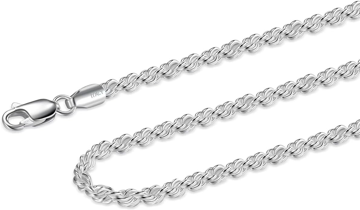 925 Sterling Silver Rope Chain Lobster Clasp 2.5mm Silver Chain for Men Women Silver Necklace Cha... | Amazon (US)