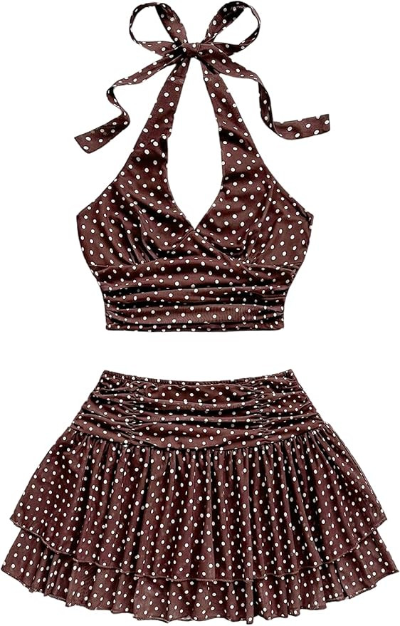 SOLY HUX Women's 2 Piece Beach Vacation Outfits Summer Ruched Halter Crop Top and Ruffle Mini Ski... | Amazon (US)