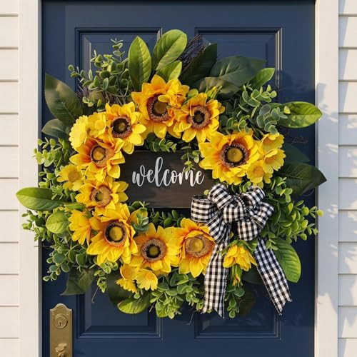 sunflower wreath with welcome,spring summer wreath for front door, unique housewarming gift,mother'day gift,farmhouse porch decor,sunflower wall decor,wedding favors,year round wreaths-20inch | Amazon (US)