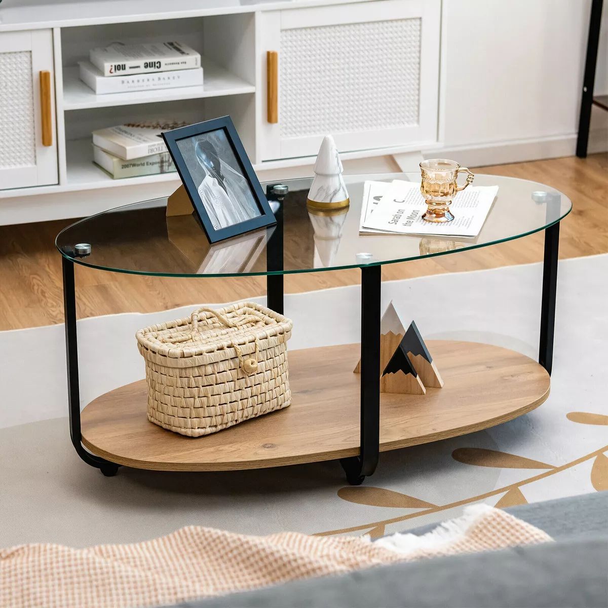 Costway Glass-Top Coffee Table 2-Tier Modern Oval Side Sofa Table w/ Storage Shelf | Target