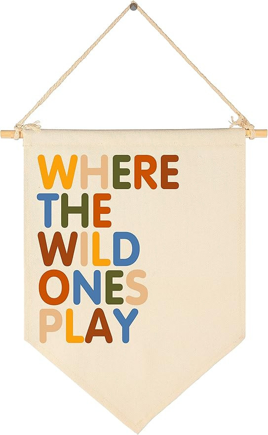 Where The Wild Ones Play - Canvas Hanging Pennant Flag Banner Wall Sign Decor Gift for Nursery Ba... | Amazon (US)