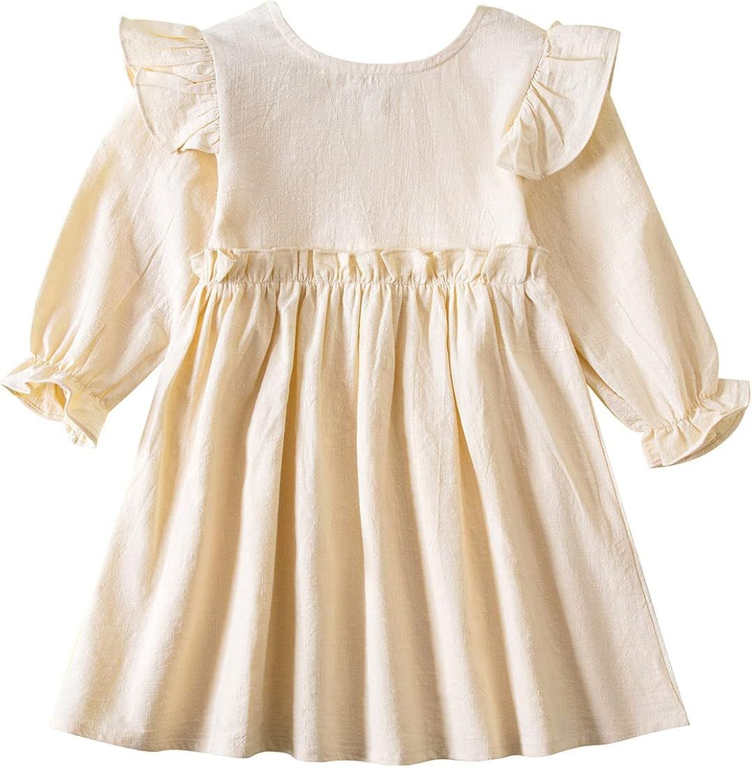Goodplayer Toddler Girl Cotton Linen Dress Long Sleeve Ruffle Fall Dress Kids Solid Dresses Casua... | Amazon (US)
