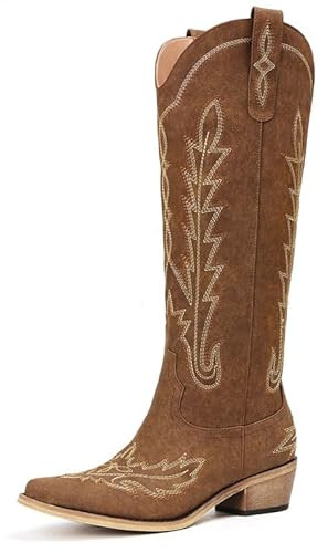 Rivalran Brown Cowboy Boots for Women - Wide Calf Knee High Embroidered Western Cowgirl Boots, Pointed Toe Chunky Heel Retro Country Boots, Pull On Zipper Vintage Fashion Tall Boots for Girls Ladies | Amazon (US)