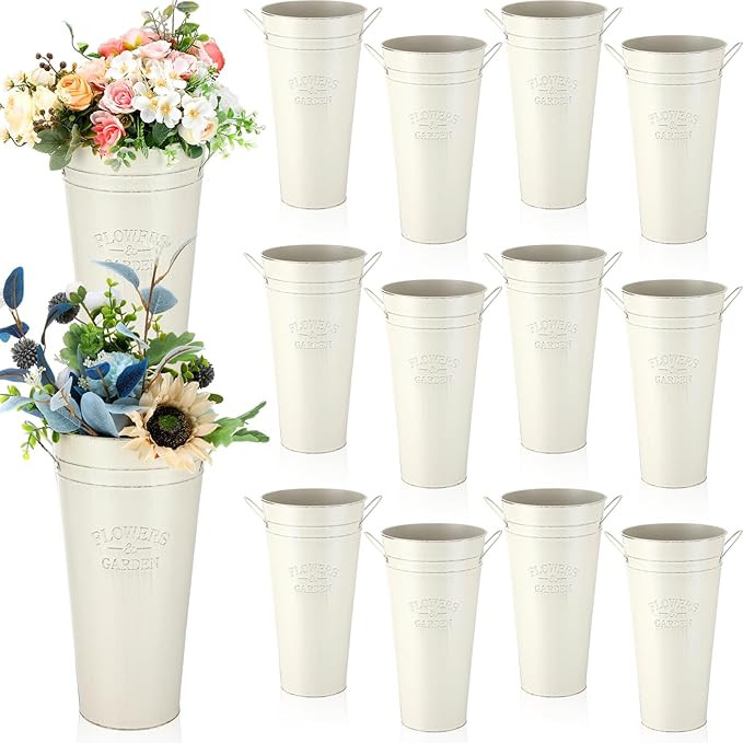 Jinei 12 Pcs 15 Inch Flower Bucket Bulk, Large Galvanized Flower Bucket Tall Metal Vase with Hand... | Amazon (US)