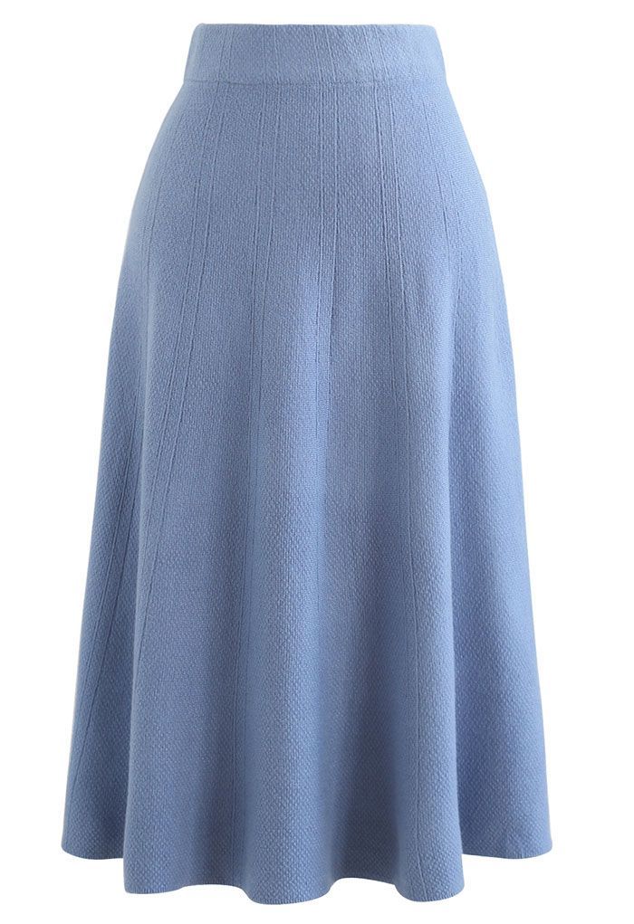 Textured Knit Flare Hem Knit Midi Skirt in Blue | Chicwish
