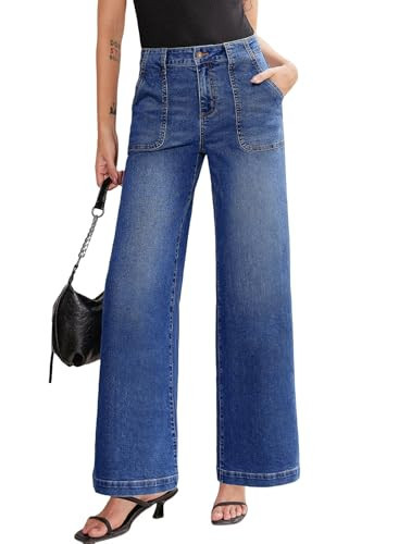 Sidefeel Womens Wide Leg Jeans High Waisted Stretchy Straight Leg Baggy Denim Pants with Pockets Dark Blue Size 16 | Amazon (US)