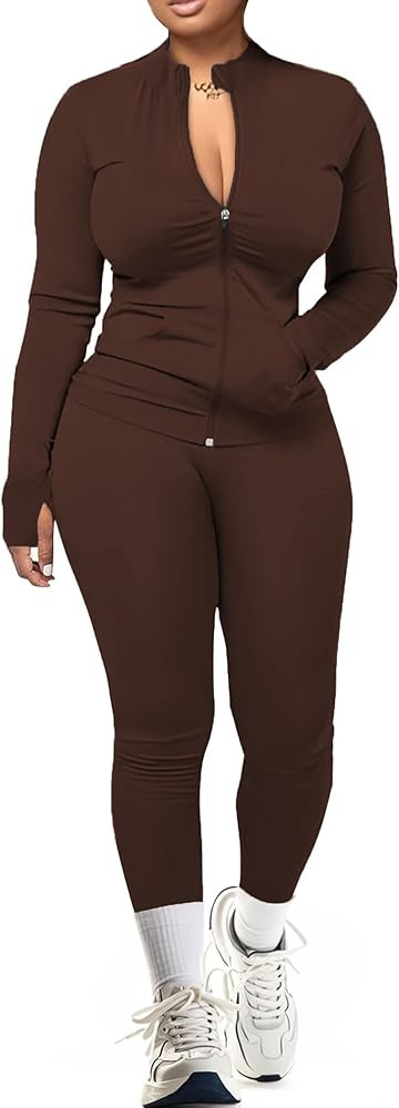 UOUA Two Piece Outfits Women Tracksuit Sets Long Sleeve Zip Up Jacket & Leggings for Gym Workout ... | Amazon (US)